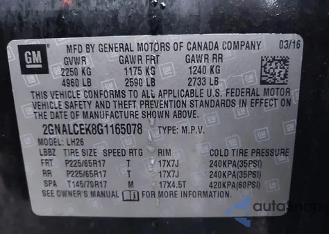 2016 Chevrolet Equinox Lt z USA, uszkodzony, nr VIN 2GNALCEK8G1165078